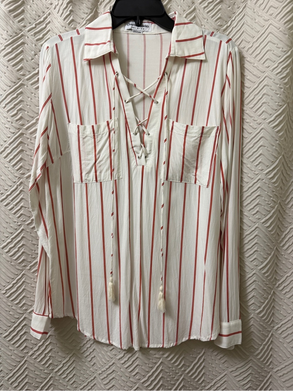 Charlie Holiday Ivory Blouse with Red Stripes and Lace-Up Neck